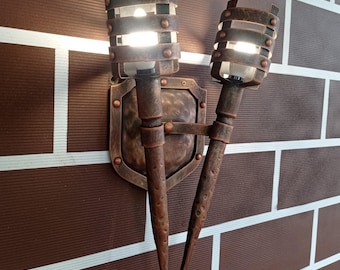 Hand Forged Lamp Medieval Wall Sconce with Double Torch Rustic Lighting Viking Decor Castle Tavern and Man Cave Game Room Gift Viking Light