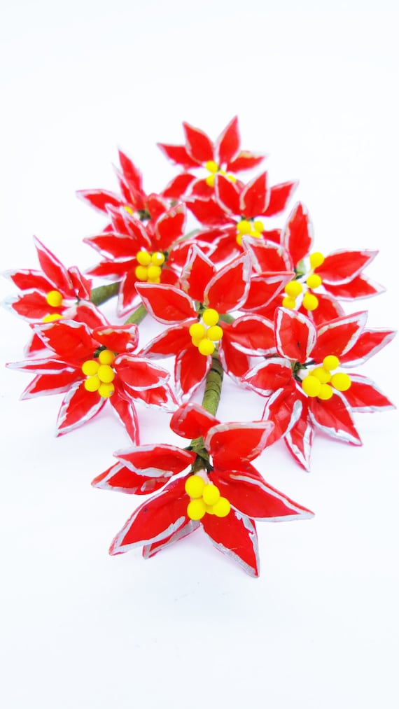 Poinsettia Bush Dollhouse Miniature Flower clay handmade Garden Decor Collect