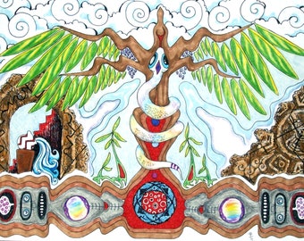 Original Art Drawing Ink & Colored Pencil Tree of life Rainbow Serpent