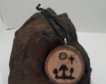 Three Mushroom Moon and Star Keychain or Pendant Wood burnened Mushroom Keychain  Pendant  Mushroom Art