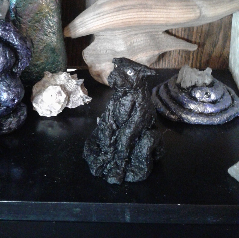 Black cat with crystal figurine recycled art