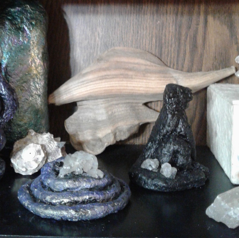 Black cat with crystal figurine recycled art