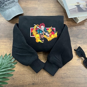 Tanjiro Flame Sword Embroidered Sweatshirt – Demon Slayer Anime Pullover, Black Unisex Crewneck Gift for Otaku & Manga Fans – EKNYA200