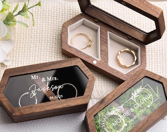 Gepersonaliseerde trouwringdoos, trouwringdoos met dubbele gleuf, verlovingshuwelijksceremonieringdoos, doos ringdrager, brede houten dubbele ringdoos, gepersonaliseerde trouwringdoos