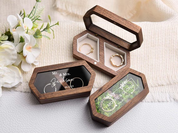 Personalized Wedding Ring Box,Double Slot Wedding Ring Box,Engagement Wedding Ceremony Ring Box,Ring Bearer Box,Wide Wood Double Ring Box