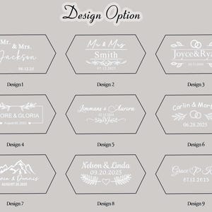 Op de afbeelding: Een verzameling van negen ontwerpopties voor gepersonaliseerde bruiloft- of evenementaankondigingen. Elk ontwerp toont namen en data in een zeshoekig frame, met diverse decoratieve elementen.