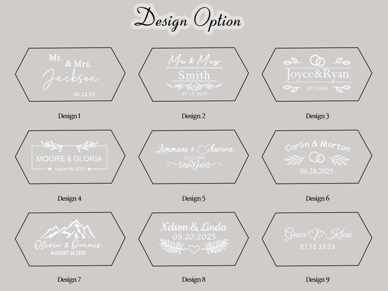 Op de afbeelding: Een verzameling van negen ontwerpopties voor gepersonaliseerde bruiloft- of evenementaankondigingen. Elk ontwerp toont namen en data in een zeshoekig frame, met diverse decoratieve elementen.