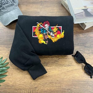 Demon Slayer Embroidered Sweatshirt, Tanjiro Flame Sword Anime Pullover, Black Unisex Crewneck, Gift for Otaku & Manga Fans - EKNYA200