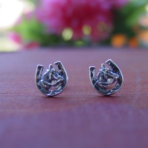 Paardenhoofd in hoefijzervormige oorknopjes Sterlingzilveren sieraden, meisje oorbellen paard, paardrijden sieraden, paardensport sieraden