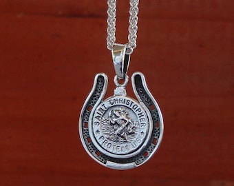 St.Christopher  Horseshoe Pendant Sterling Silver Jewelry - Equestrian Jewelry - Horse Pendant - Horseshoe Jewelry