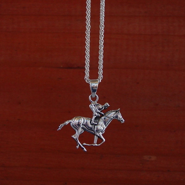 Horse Racing Jockey Pendant Sterling Silver with Chain, Equestrian Jewelry, Horse Racing Necklace, Equestrian Pendant