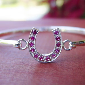 Large Rubies CZ Horseshoe Bangle Bracelet Sterling Silver, Equestrian Jewelry, Horseshoe Bangle, Horse Lover Gift Available - 4 Colors