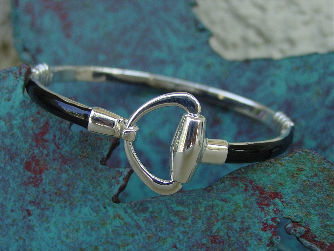 Sterling Silver Equestrian Bangle: Black Enamel Horse Bit Bracelet - Etsy