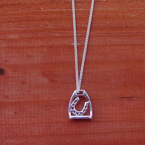 Horseshoe inside Stirrup Pendant Silver with Chain, Stirrup Jewelry,  Equestrian Necklace, Horse Pendant,  Equestrian Jewelry