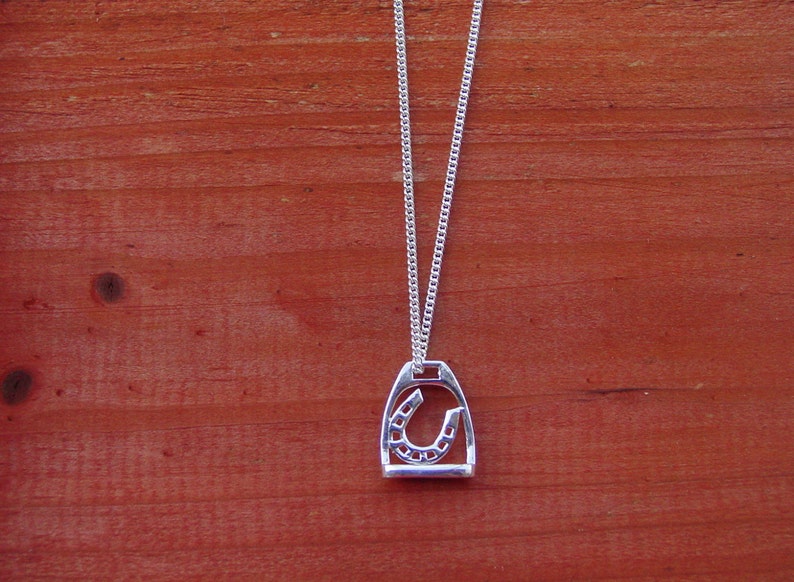 Horseshoe Inside Stirrup Pendant Sterling Silver With Chain Jewelry Equestrian Necklace Horse