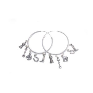 Equestrian Large Hoop Earrings, Equestrian Sterling Silver, Dangling Charm Horse Earrings - Equestrian Earrings, Horse Jewelry