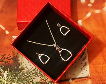 Sterling Silver Stirrup Jewelry Set: Horse Pendant and Earrings