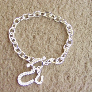 Double CZ Horseshoe Charms Toggle Bracelet Sterling Silver, Equestrian Jewelry, Horseshoe Bracelet