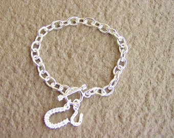 Double CZ Horseshoe Charms Toggle Bracelet Sterling Silver,Equestrian Jewelry,Horseshoe Bracelet