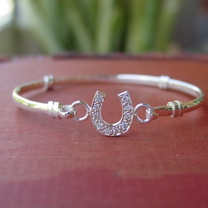Small CZ Horseshoe Bangle Bracelet Sterling Silver - Equestrian Jewelry - Horse Bangle 4  Colors