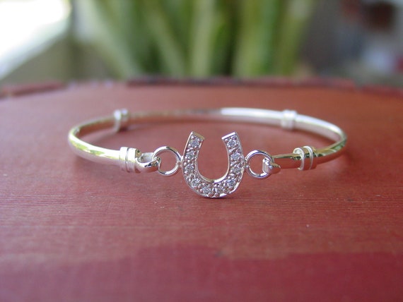 Small CZ Horseshoe Bangle Bracelet Sterling Silver - Equestrian