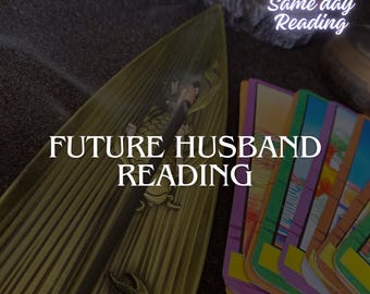 May include: A close-up of a tarot card reading with the text "FUTURE HUSBAND READING" on a wooden surface. The cards are spread out in a fan shape, and there is a burning incense stick in the background.