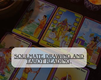 Puede incluir: Cartas del tarot con ilustraciones y texto, incluyendo "The Lovers" y "Six of Pentacles". La imagen también presenta el texto "SOULMATE DRAWING AND TAROT READING" y "SAME Day Reading."
