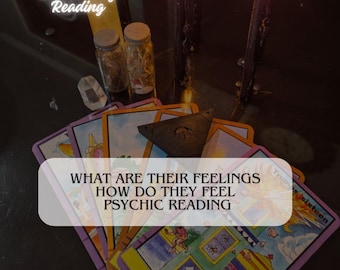 May include: A spread of tarot cards with a wooden triangle on top. The text "WHAT ARE THEIR FEELINGS HOW DO THEY FEEL PSYCHIC READING" is on a white rectangle in front of the cards.