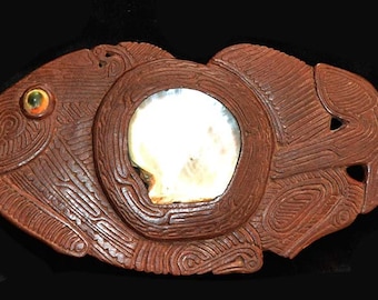 Maori Style Wall Plaque with Pearl Shell Oyster Inlay And Operculum Eyes