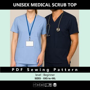 Naaipatroon uniseks medische scrubtop pdf | Eenvoudig doe-het-zelf verpleegster- en doktersuniform | Afdrukbare digitale download | Geschikt voor beginners