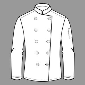 May include: A white chef's jacket with a mandarin collar and double-breasted button closure. The long-sleeved jacket features a small pocket on the left sleeve and is outlined in black. The garment is designed for professional kitchen use.
