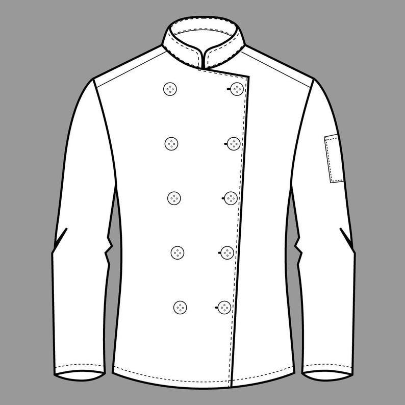 May include: A white chef's jacket with a mandarin collar and double-breasted button closure. The long-sleeved jacket features a small pocket on the left sleeve and is outlined in black. The garment is designed for professional kitchen use.