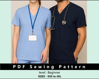 Naaipatroon uniseks medische scrubtop | Eenvoudig doe-het-zelf verpleegstersuniform | Directe pdf downloadbaar