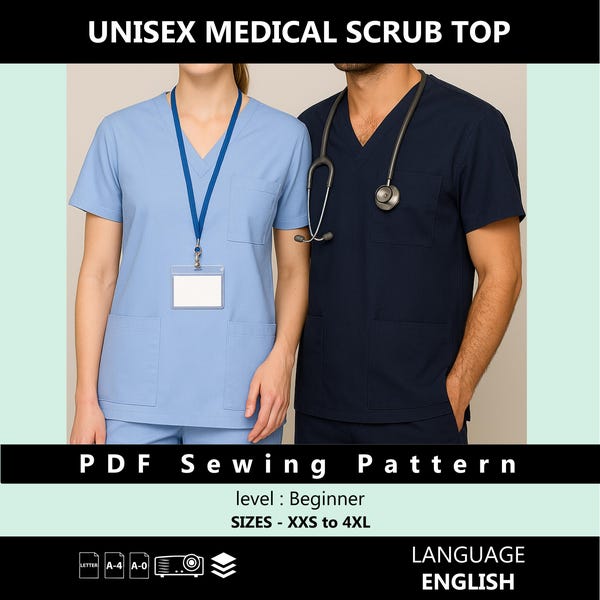 Naaipatroon uniseks medische scrubtop | Eenvoudig doe-het-zelf verpleegstersuniform | Directe pdf downloadbaar
