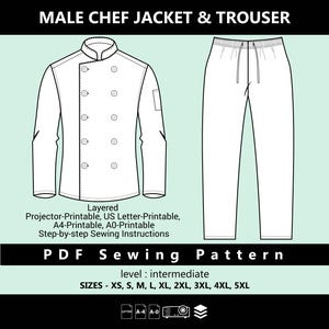 Op de afbeelding: Een zwart-witte lijntekening van een naaipatroon voor een koksjas en broek. Het patroon is gelaagd en bevat stapsgewijze instructies voor het naaien. Het patroon is verkrijgbaar in de maten XS tot 5XL. Het patroon is te printen in de formaten US Letter, A4 en A0.