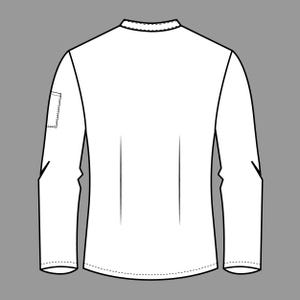 May include: A white long-sleeve shirt with a small square pocket on the left sleeve. The shirt has a crew neck and vertical seams down the front and back. The design is a flat illustration on a gray background.