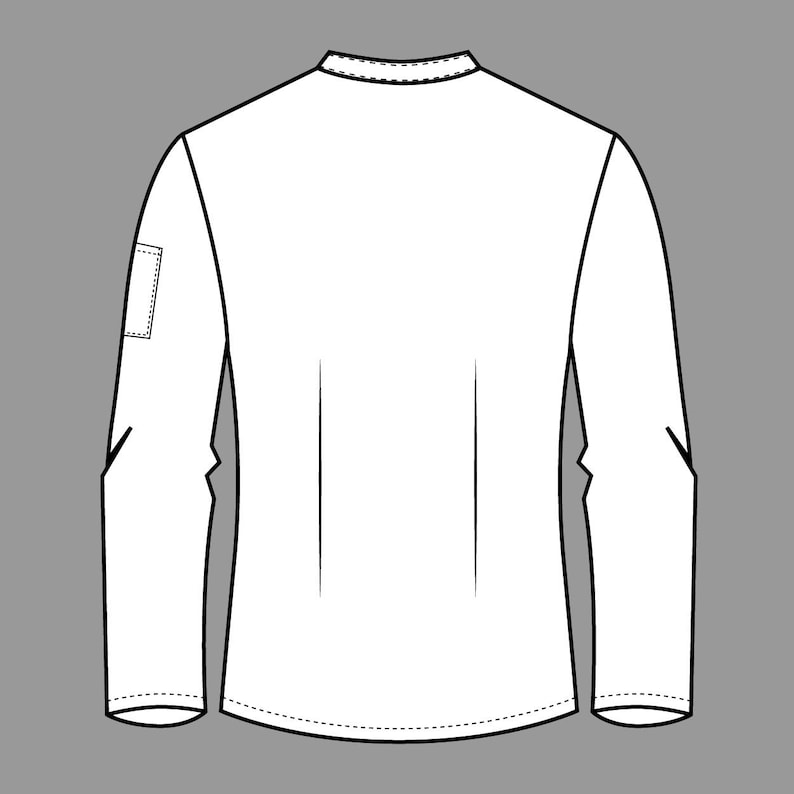 May include: A white long-sleeve shirt with a small square pocket on the left sleeve. The shirt has a crew neck and vertical seams down the front and back. The design is a flat illustration on a gray background.