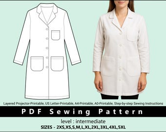 Vrouwelijke laboratoriumjas pdf-naaipatroon | Medisch uniform doe-het-zelf | Schimmel verpleegsteruniform