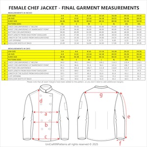 May include: Diagram of a female chef jacket with measurements in inches and centimeters. Includes chest, waist, bottom circumference, body length, sleeve length, cuff opening, and shoulder width. Sizes range from XS to 3XL.
