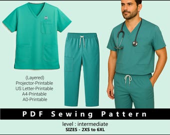 Naaipatroon klinische kleding heren | Verpleegkundige scrubs | Dokteruniform pdf-patronen | DIY ziekenhuiswerkkleding