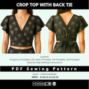Flutter Sleeve Crop Top Sewing Pattern | Deep V-Neck Back Ties | PDF Patterns | Instant Downloadable
