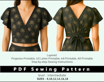 Naaipatroon crop top met fladdermouwen | Stropdassen met diepe V-hals | PDF-patronen | Direct te downloaden