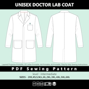 Puede incluir: Patrón de costura PDF de bata de laboratorio de médico unisex blanca, con vistas delantera y trasera. El patrón incluye bolsillos, solapa y botón. El texto superior dice "UNISEX DOCTOR LAB COAT". Tallas de 2XS a 6XL.