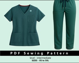 Naaipatroon scrubs dames | Medische tuniek en broek | Pdf-download | Mal voor verpleegstersuniformen