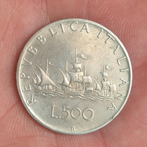 500 Lire Caravelle Coin 1961, 835 Silver, Vintage Italian Republic Numismatic Collection