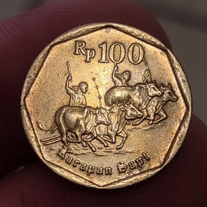 May include: A gold-colored coin featuring a depiction of a bull race with figures and the text "Rp 100". The coin has a textured surface and a geometric edge.
