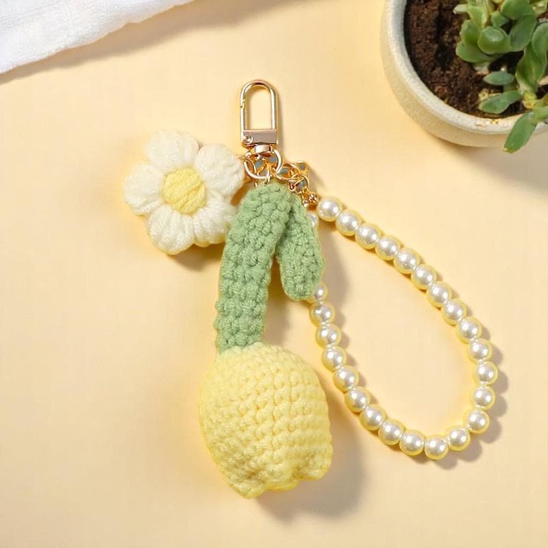 Crochet Tulip Keychain: Handmade Floral Bag Charm With Pearl - Etsy