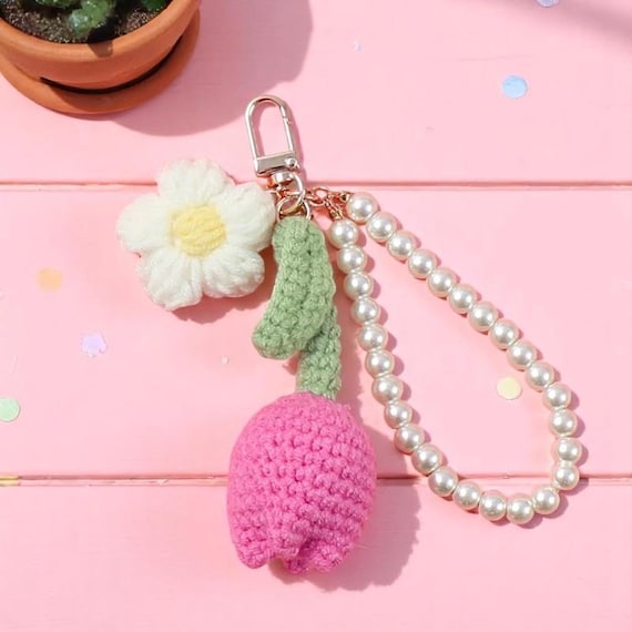 Crochet Tulip Keychain: Handmade Floral Bag Charm With Pearl Chain