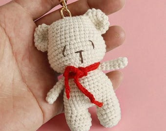 Crochet Bear Keychain, Handmade Cotton Animal Bag Charm