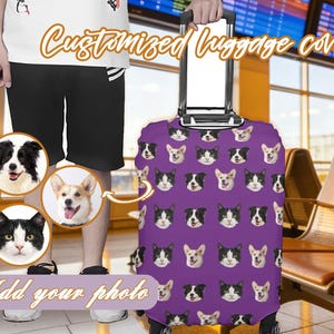 Peut inclure: Une housse de valise violette ornée d'un motif de visages de chiens et de chats. Le texte "Customized luggage cover" est affiché dans une police décorative. Le texte "Add your photo" est également visible.